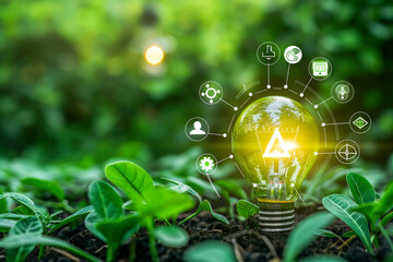 Green energy innovation light bulb with future industry of power generation icon graphic interface. Concept of sustainability development by alternative sources renewable. Ecology and environment