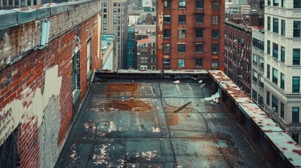 Poster - A city view with a roof that is rusted and has graffiti on it