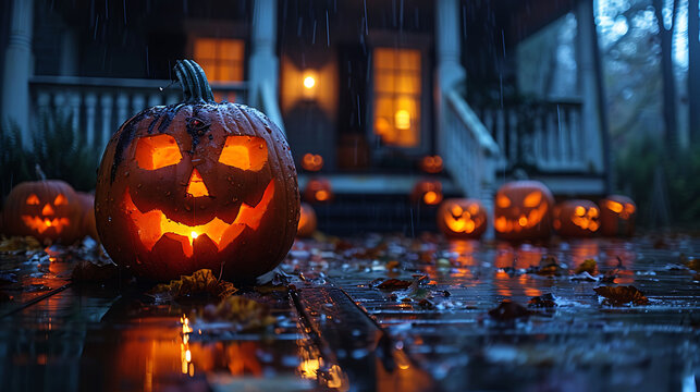  A series of spooky, illuminated jack-o'-lanterns on a porch.