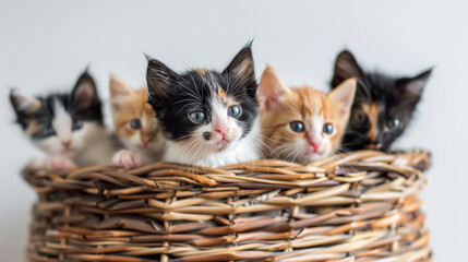 Wall Mural - Several kittens are in a wicker basket, kittens with colorful fur such as white, black and orange, pure white background, Ai generated images