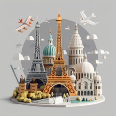 Architectural Landmarks Icon Depict a 3D icon of famous architectural landmarks, for architectural tours, AI Generative