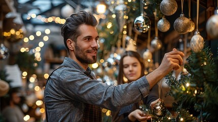 Team of small business owners decorating their store for a festive occasion, hanging ornaments and arranging themed displays to attract customers