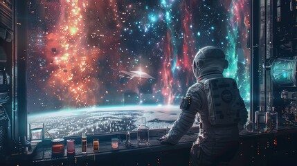 Wall Mural - an astronaut on a space station, observing a test tube dripping liquid while a colorful planet and s