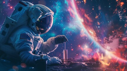 Wall Mural - an astronaut on a space station, observing a test tube dripping liquid while a colorful planet and s
