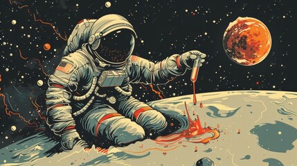 Wall Mural - an astronaut floating in zero gravity, carefully handling a test tube with dripping liquid, against 