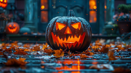 Wall Mural -  A spooky jack-o'-lantern glowing on a wooden porch with scattered autumn leaves.