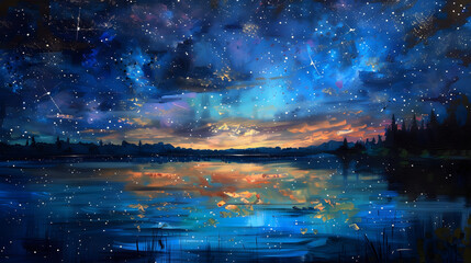 painting of a night sky with stars above a lake