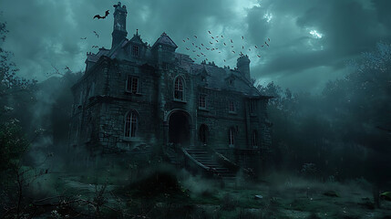 Canvas Print -  A spooky mansion on a hill with bats flying overhead and a cloudy night sky.