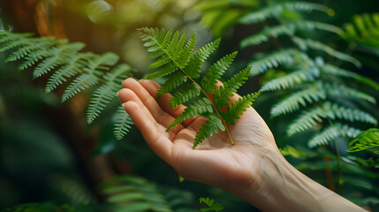 Wall Mural - woman's hand and a fern leaf. Man and nature