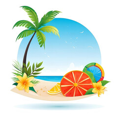 Wall Mural - summer beach icon, palm tree and flowers on the beach, isolated on white background, vector ready for design 