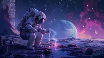 a futuristic lab in space with an astronaut examining a dripping test tube, a majestic planet and tw