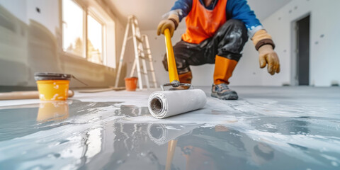 Wall Mural - Construction worker using a roller to level a freshly poured concrete floor in a bright room under renovation, highlighting the precision and care in modern construction practices.