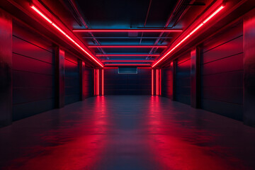 Modern garage background, futuristic warehouse with red neon lighting. Minimalist design of dark empty room, panorama of hallway interior. Concept of hangar, industry, hall, spaceship