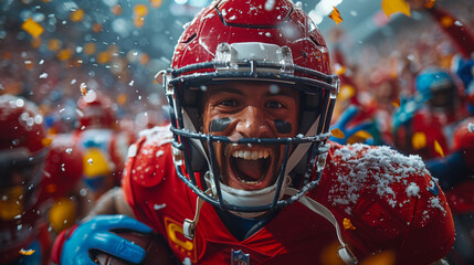 Football Player Celebrates Victory With Confetti and Snow