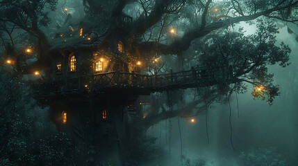 Canvas Print -  A spooky treehouse with glowing windows in a dark forest.