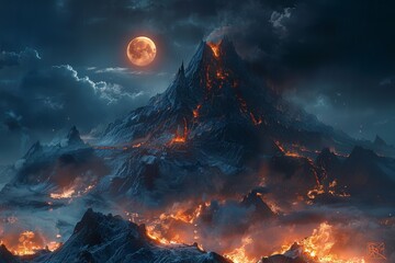 Wall Mural - A mountain with a large, glowing moon in the sky