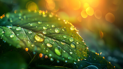 An amazingly beautiful macro image of water or dew drops on a green leaf of a plant with sunlight reflected in a large drop in nature