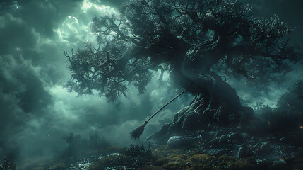 Wall Mural -  A witch's broomstick leaning against a gnarled tree in a dark forest.