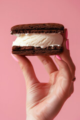 Hand holding a vanilla ice cream sandwich isolated pink background