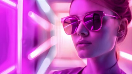 Wall Mural - Woman in Neon s Retro Fashion with Sunglasses on Geometric Background. Concept Neon Fashion, Retro Style, Sunglasses, Geometric Background, Woman Portrait