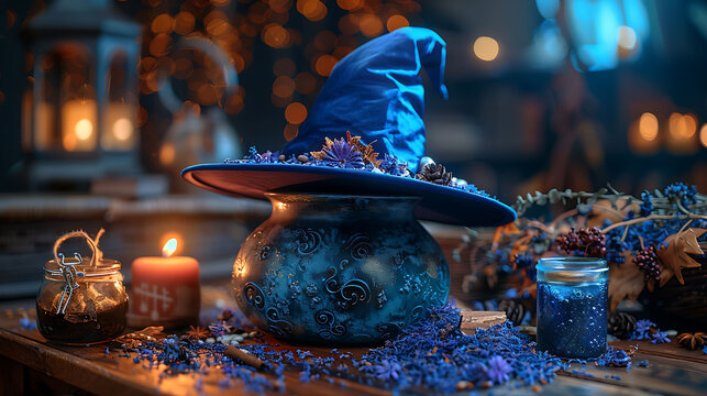  A witch's hat and cauldron on a table filled with mystical ingredients.