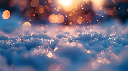 Beautiful background image with small snowdrifts close-up and blurry holiday lights