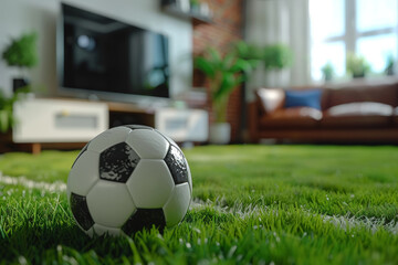 Wall Mural - Football or Soccer Tournament concept. A football in living room with TV open Live match