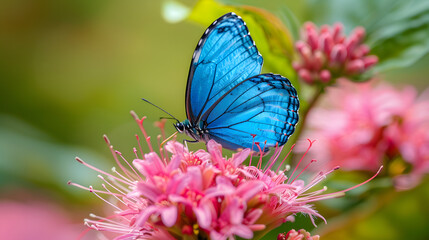 Poster - Beautiful blue butterfly on a pink flower in nature, close-up macro