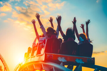 People cheering and enjoying a roller coaster ride at the amusement park with sunset in the background.