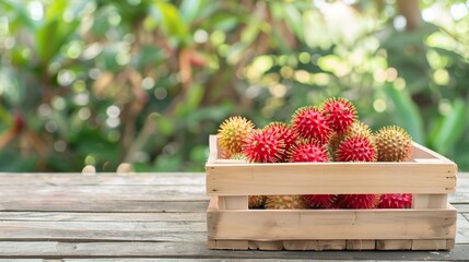 Wall Mural - Rambutan fruit in wooden crate box isolated on wooden table background. Generative Ai