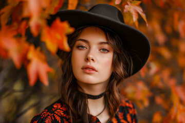 Wall Mural - Portrait of a young woman with fall colors and themed background for autumn season female fashion