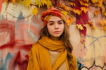 Wall Mural - Portrait of a young woman with fall colors and themed background for autumn season female fashion