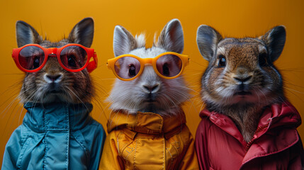 Wall Mural - Three Bunnies Wearing Sunglasses and Jackets on Yellow Background