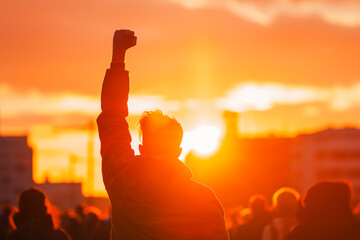 Wall Mural - Protestor Raising Fist at Demonstration, sunset background