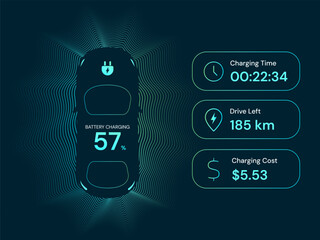 Top view electric car battery charging dashboard hologram interface with Charging Time, Drive Left, Charging Cost vector design concept. EV car battery charging dashboard for ui, web, EV business, ads