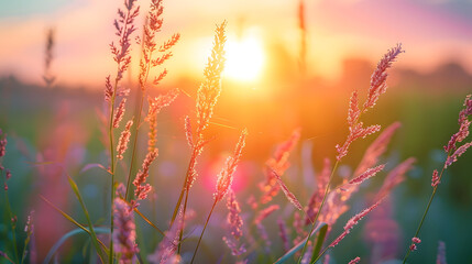 Wall Mural - Beautiful natural panoramic countryside landscape. Blooming wild high grass in nature at sunset warm summer. Pastoral scenery. Selective focusing on foreground