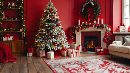 beautiful red christmas background with a decorated christmas tree in the living room near the firep
