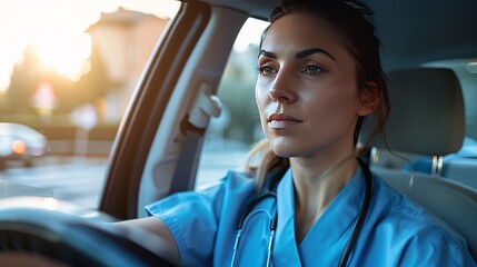 Female nurse sitting in car, going home from work. Female doctor driving car to work, on-call duty. 