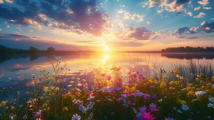 Wall Mural - Beautiful summer spring natural landscape with lake and wildflowers at sunset