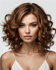 Wall Mural - beautiful woman with brown voluminous pretty stylish hair on plain white background portrait studio shot