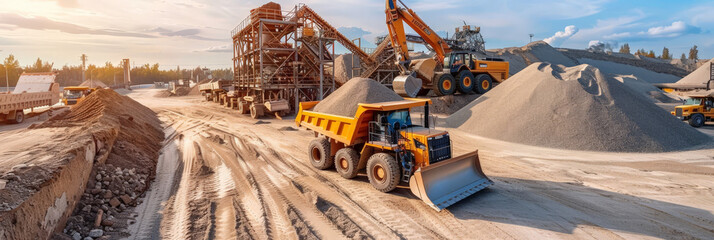 a busy sand quarry with multiple mining trucks and heavy machinery in action, moving and processing 