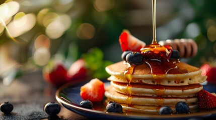 Wall Mural - Pancakes with fresh strawberries, blueberry and maple syrup for a breakfast, honey pouring on delicious homemade pancakes with copy space