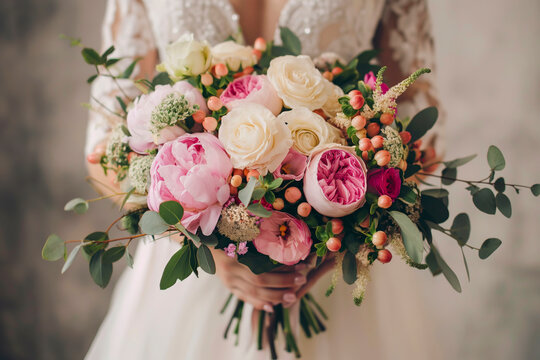 bride holding a beautiful wedding bouquet of pink and white flowers in her hands