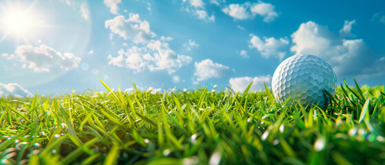 Golf Ball on Green Grass With Blue Sky and Clouds