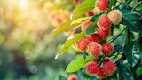 The Pile of Rambutan sweet delicious fruit with Leaf on green jungles tree rambutan . Generative Ai