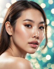 Wall Mural - pretty asian woman on bokeh bright background model photoshoot for ad concept marketing smooth skin and beauty products