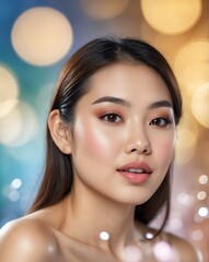 Wall Mural - pretty asian woman on bokeh bright background model photoshoot for ad concept marketing smooth skin and beauty products