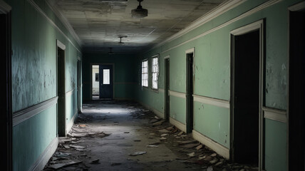 Exploring the haunting corridors of an abandoned asylum, where echoes of the past linger in the shadows, Generative AI