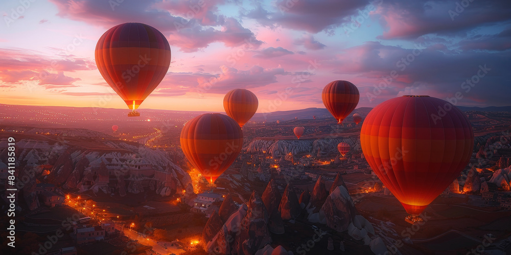 Hot air balloons floating over a scenic landscape at sunset, capturing ...