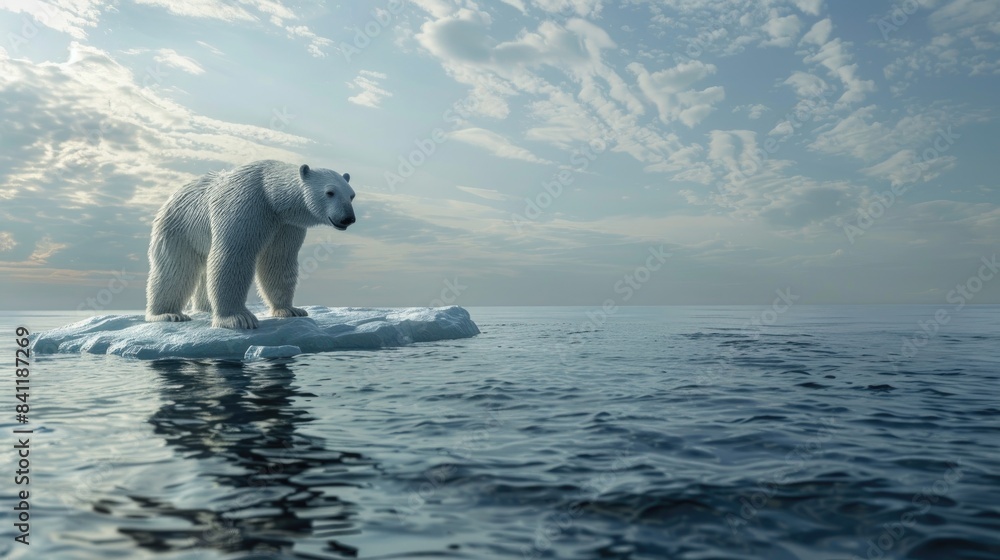 Polar bear sits on a small, melting ice floe in the Arctic waters ...